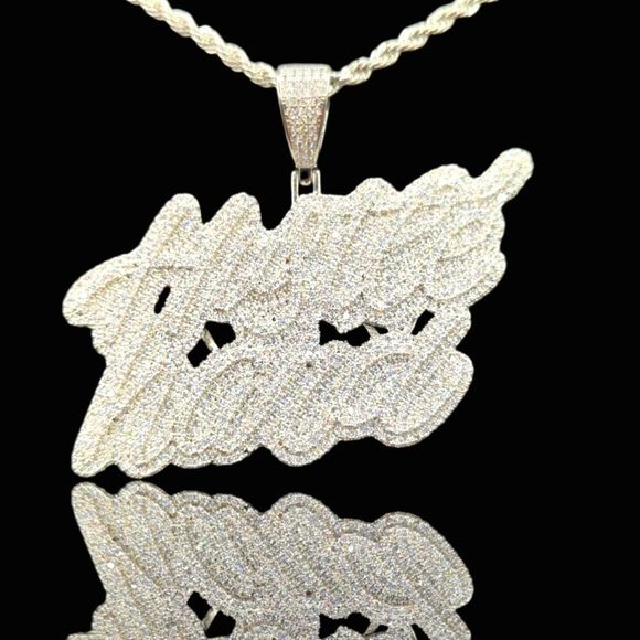 14K White Gold Finish Hustle Hard - Free 24" x 3mm Rope Chain.. - Picture 1 of 8